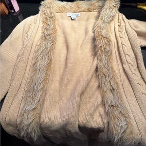 Rafaella Beige Cardigan with Faux Fur Trim
